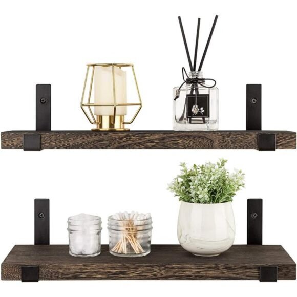 Rustic Wood Floating Shelves Wall Mounted Shelving Set of 2 Decorative Wall - Picture 1 of 5